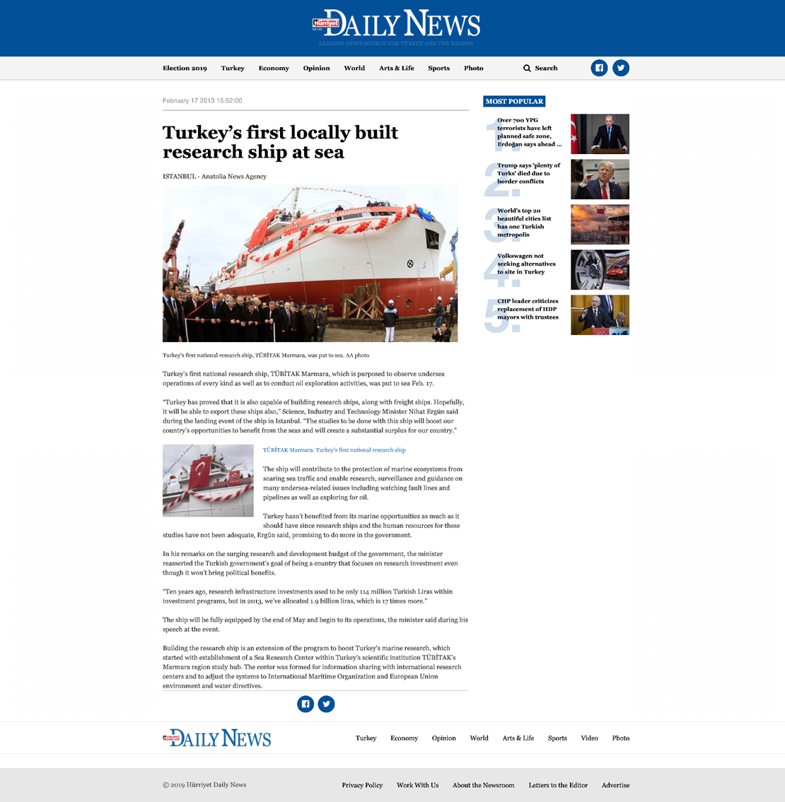 Turkey’s first locally built research ship at sea - Latest News